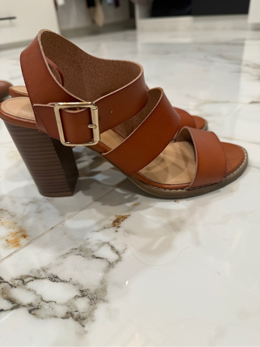 Women's Cognac Block Heel Sandals with Buckle Strap- 8